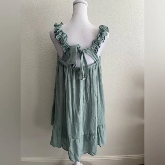 Blue-green Tiered Mini Sundress with Square Neck/ Ruffle Cinched Shoulder Straps - Picture 9 of 13